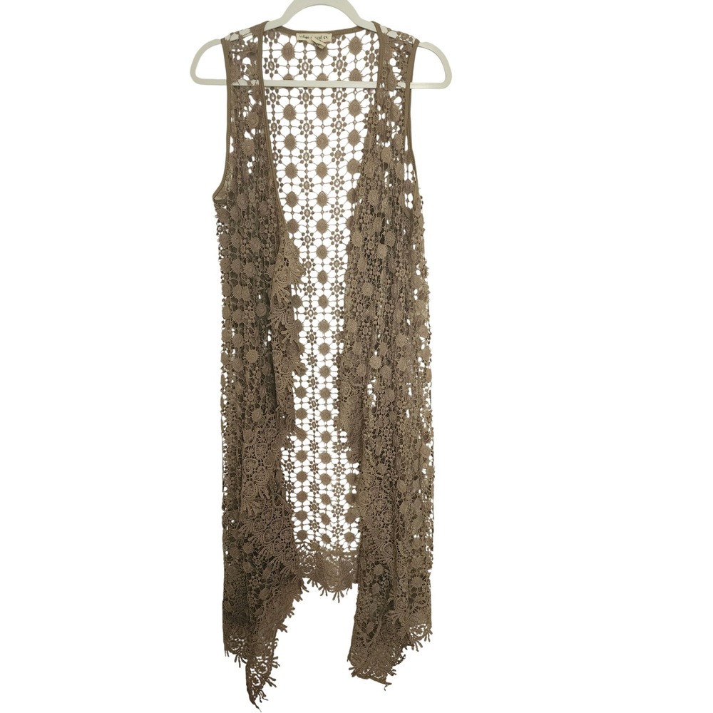 Indigo Thread Co Womens XL Crochet Lace Duster‎ Vest Longline Boho Taupe Brown